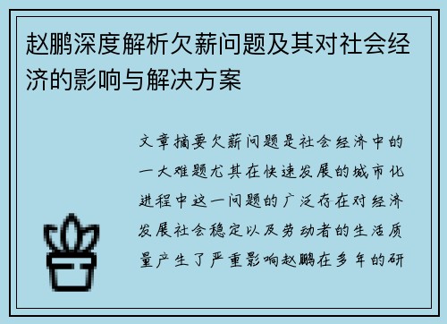 赵鹏深度解析欠薪问题及其对社会经济的影响与解决方案