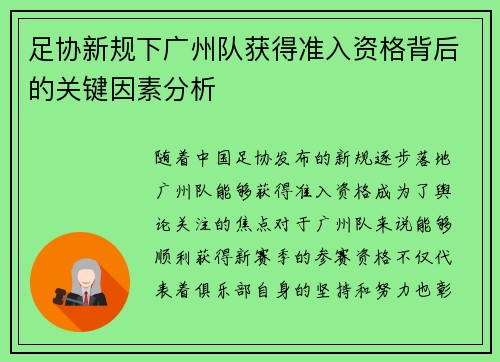 足协新规下广州队获得准入资格背后的关键因素分析